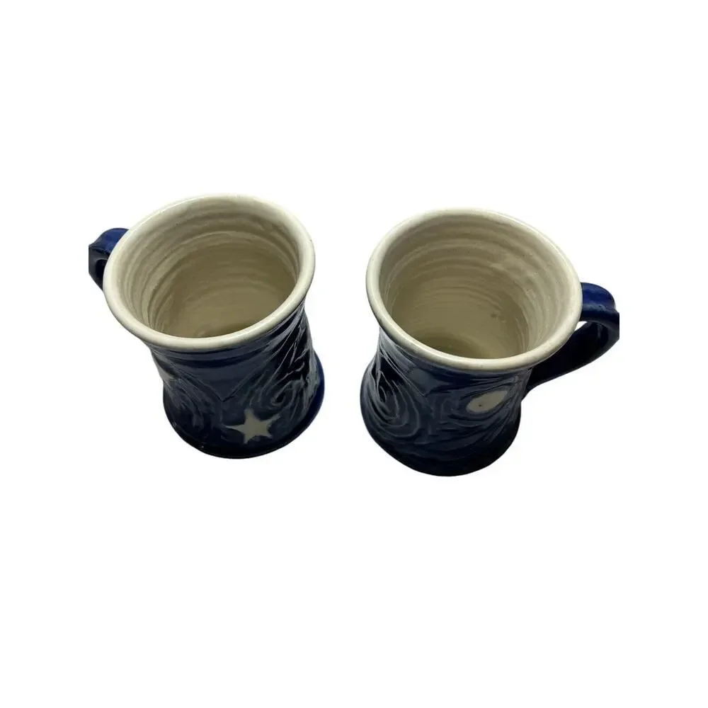 Handmade Art Ceramic Pottery Pair Of Sun And Moon Mugs Blue And White 2 Cups